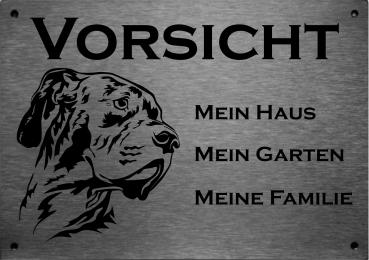 Edelstahl Warnschild Dänische Dogge VORSICHT Mein Haus mein Garten meine Familie